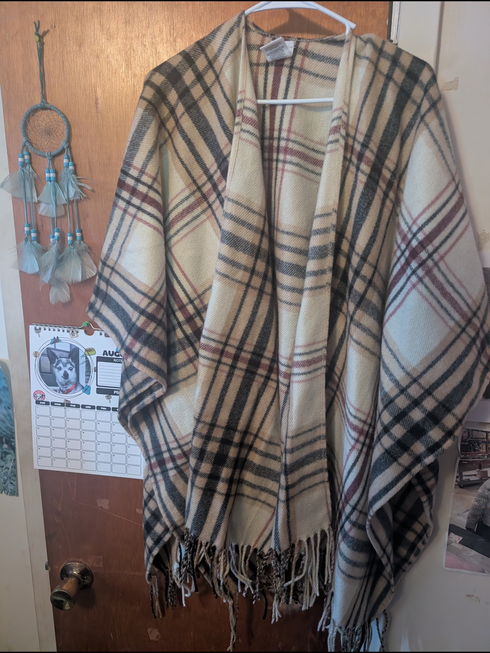 Woolrich Cream Plaid Fringe Open-Front Poncho